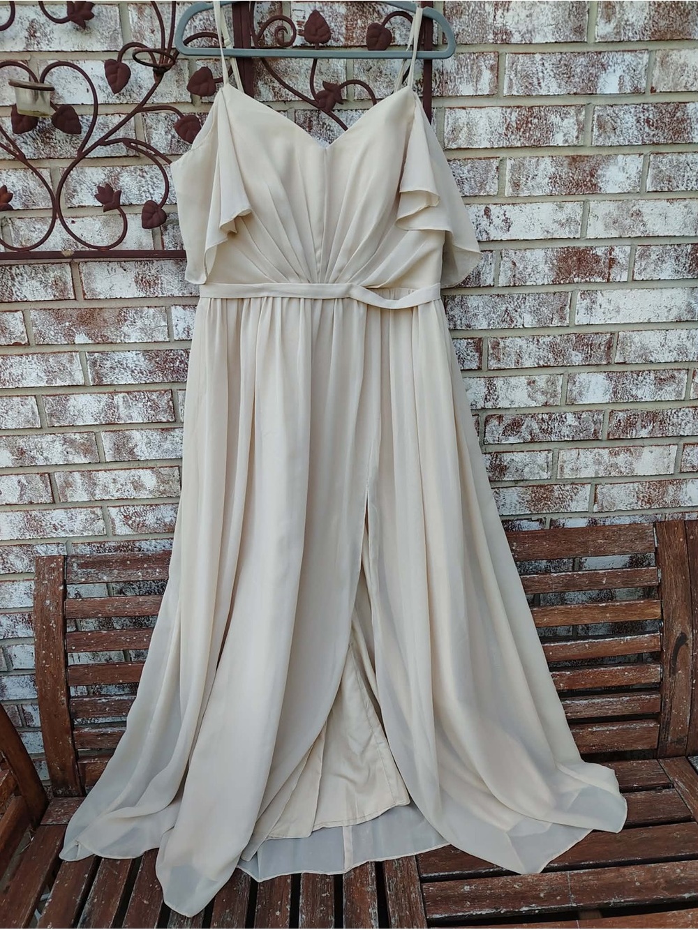 A-Line V- Neck Strap Off Shoulder Chiffon Dress Flutter Sleeve Floor Length NWOT